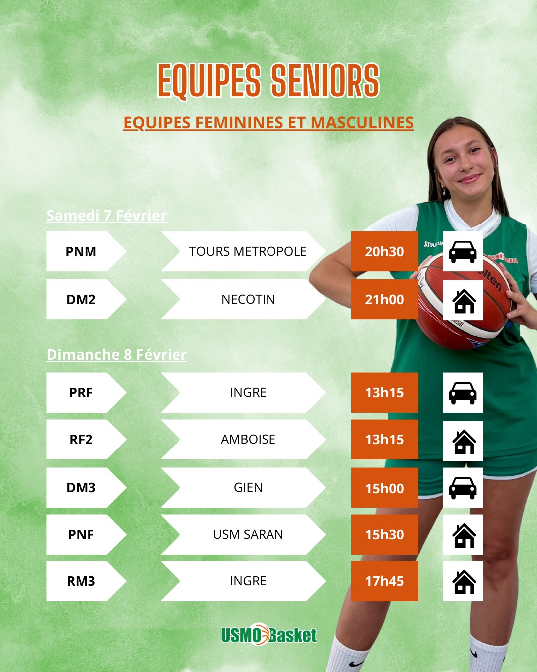 Planning weekend du 7-8 Février   🔥 Venez mettre l’ambiance dans les gymnases et encourager nos équipes   ⚠️ Les U11M2, U13M2, U13F2, U15M1 jouent leur match au Gymnase du Larry ➡️ Nos RF2, PNF et RM3 reçoivent à domicile pour un Dimanche riche en matchs au Gymnase du Beauvoir. Les U15F ELITE jouent contre le CJM Bourges à Saran (Gymnase Guy Vergracht)  💚 🦢 USMO